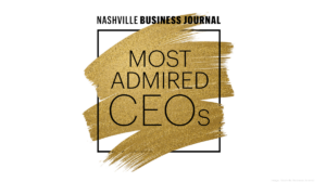 Elegant gold brush stroke with the text 'most admired ceos' on a dark background. Nashville Business Journal Award.