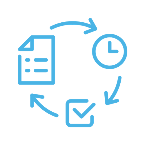 Icon symbolizing a process or workflow, with a document, a clock, and a checkmark connected by arrows in a circular motion, representing the cycle of task completion and time management.