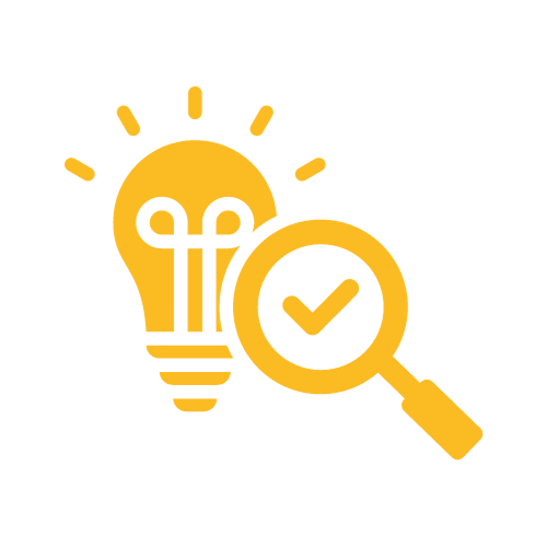 The image displays a stylized, graphic representation of a glowing light bulb paired with a magnifying glass that features a checkmark at its center, possibly symbolizing the search for good ideas, innovative solutions, or the concept of quality assurance and ideas being scrutinized or validated.